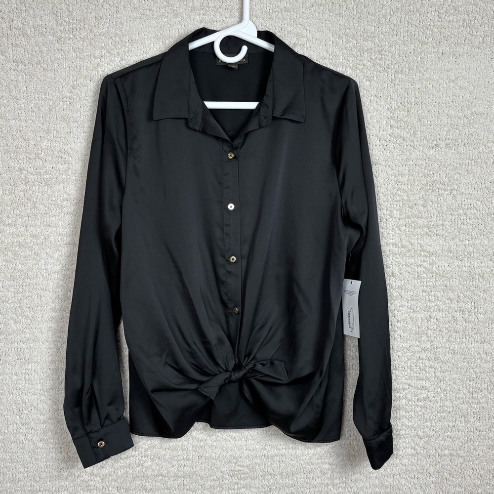 Bold Elements Top Womens Lg Black Satin Button Down Tie Front Office Career